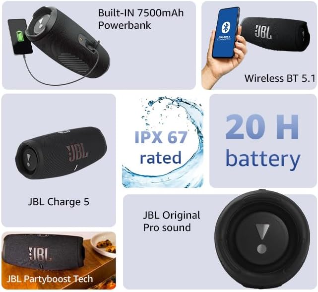 Jbl Charge 5 - مكبر صوت محمول بتقنية البلوتوث مع صوت جهير عميق، مقاوم للماء والغبار بدرجة IP67، 20 ساعة من وقت التشغيل، باور بانك مدمج، باللون الأسود