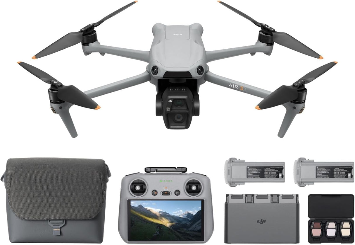 DJI Air 3S Fly More Combo (DJI RC 2)، مع كاميرا CMOS عريضة الزاوية ومتوسطة الحجم مقاس 1 بوصة، بدقة 4K/60 إطارًا في الثانية، واستشعار متعدد الاتجاهات و3 بطاريات، معتمدة من MOIAT - إصدار الإمارات العربية المتحدة مع دعم الضمان الرسمي