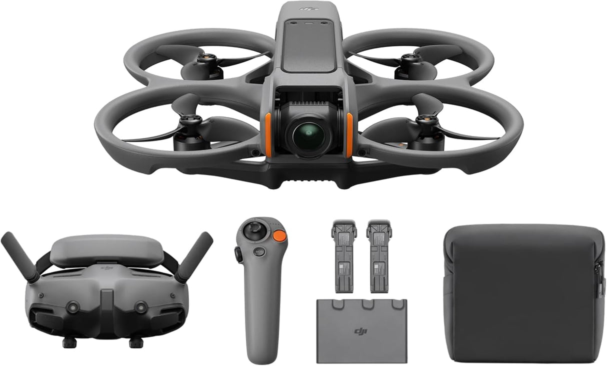 DJI Avata 2 Fly More Combo (3 Batteries), FPV Drone with Camera 4K, Immersive Experience, One-Push Acrobatics, Built-in Propeller Guard, 155° FOV, Camera Drone with Goggles 3 and RC Motion 3