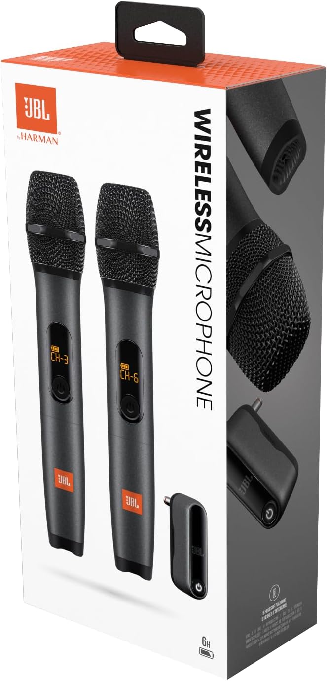 JBL Wireless 2 Microphone System, High Vocal Quality, Rechargeable UHF Dual Channel Wireless Receiver, 6H of Playtime, Plug and Play, Replaceable AA Batteries - Black, JBLWIRELESSMIC, Bluetooth