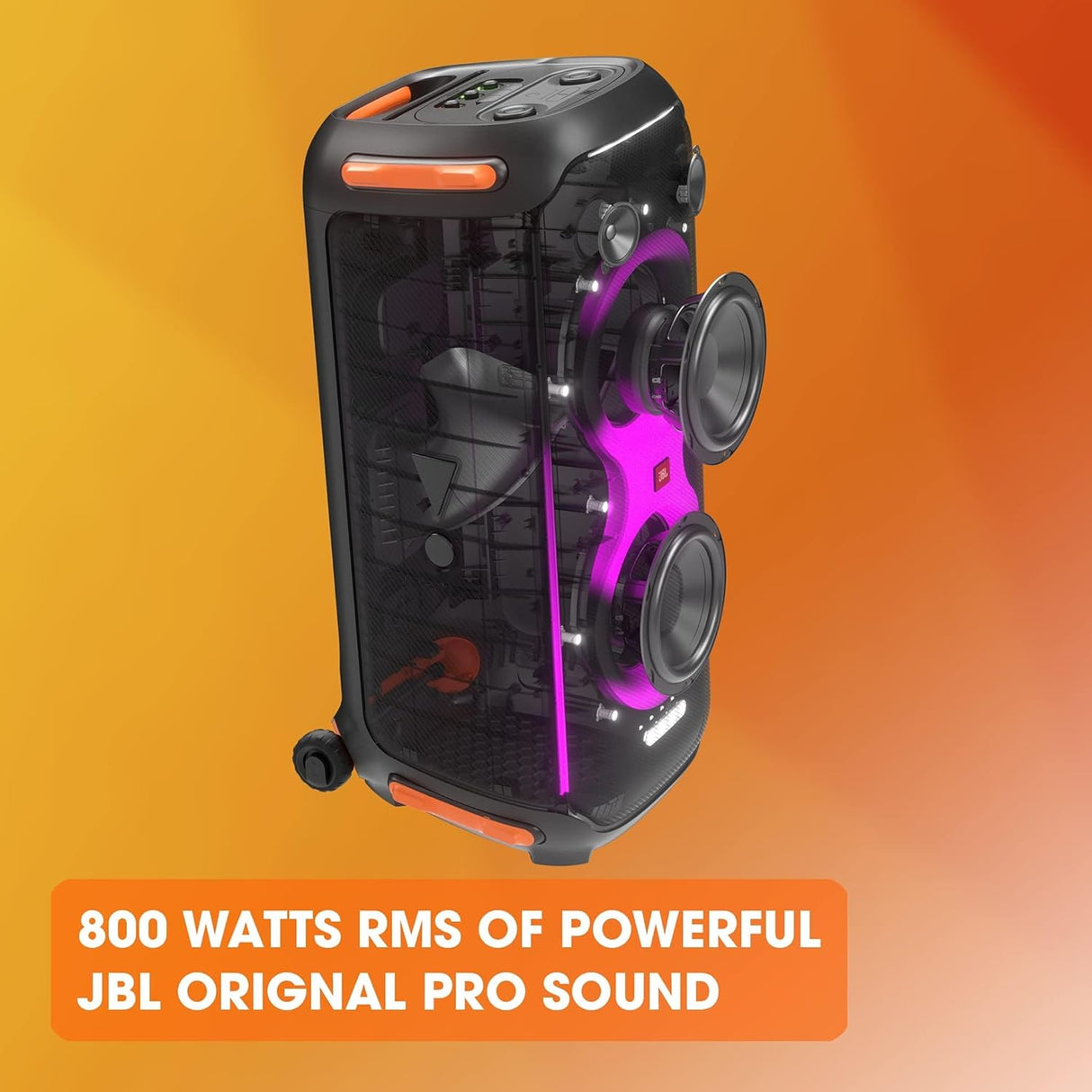 مكبر صوت JBL PartyBox 710 محمول للاستخدام الداخلي والخارجي مع أضواء مدمجة وتصميم مقاوم للرذاذ IPX4 وصوت جهير عميق وعجلات قوية، باللون الأسود