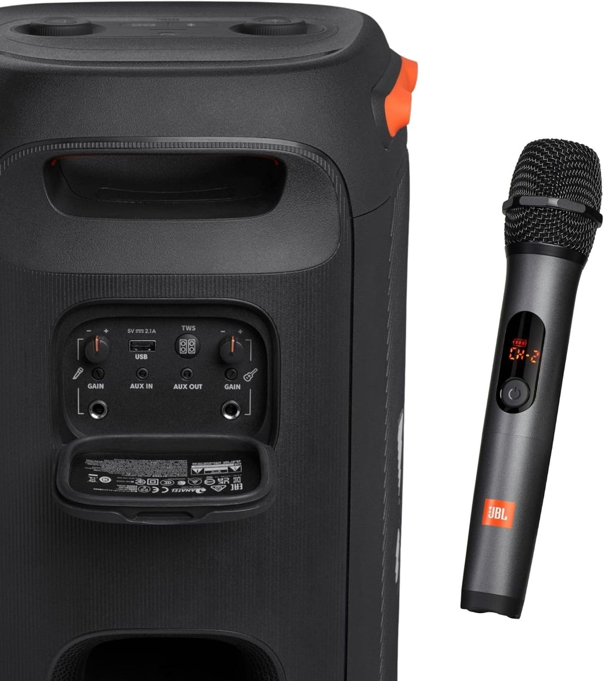 JBL Party Box 110 and Wireless Microphone Bundle Speaker and Microphone with LED Light Effect, 160W Power, 12 Hour Playback, IPX4 Waterproof - Black