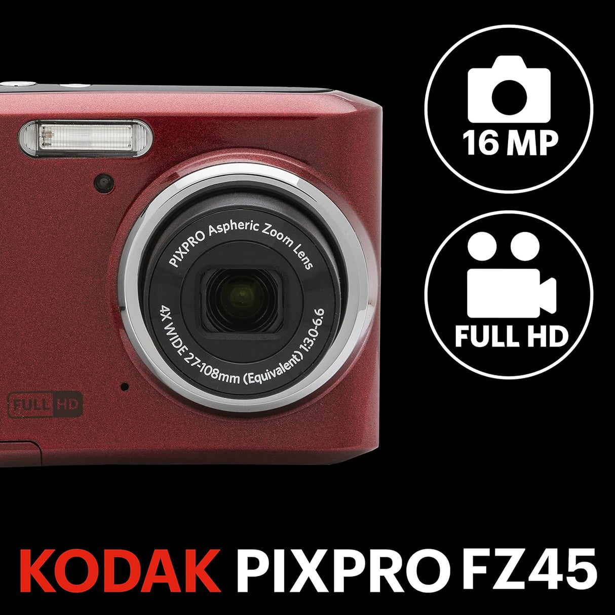 KODAK PIXPRO FZ45-BK 16MP Digital Camera 4X Optical Zoom 27mm Wide Angle 1080P Full HD Video 2.7" LCD Vlogging Camera