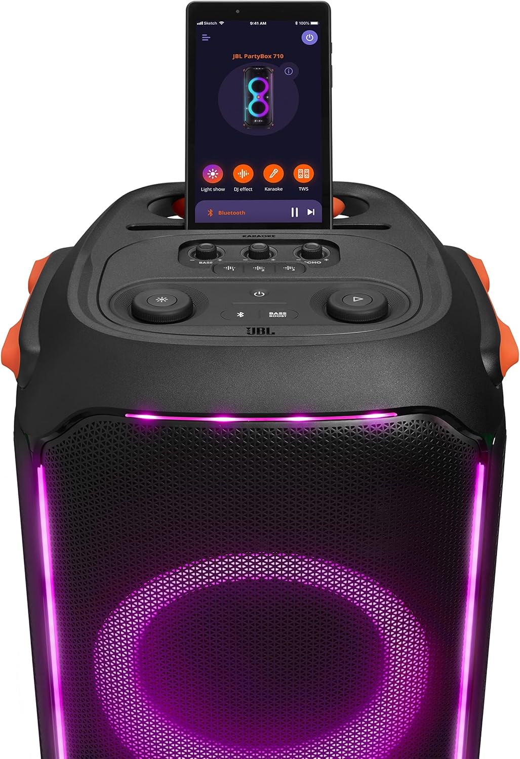 JBL PartyBox 710 Portable Indoor and Outdoor Party Speaker with Built-In Lights, IPX4 Splashproof Design, Deep Bass and Robust Wheels, in Black