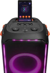 مكبر صوت JBL PartyBox 710 محمول للاستخدام الداخلي والخارجي مع أضواء مدمجة وتصميم مقاوم للرذاذ IPX4 وصوت جهير عميق وعجلات قوية، باللون الأسود